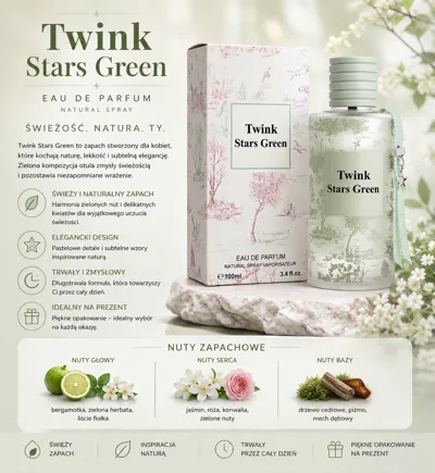 Perfumy Twink Stars Green 100ml w szklanej butelce z pastelowym opakowaniem z motywem roślinnym