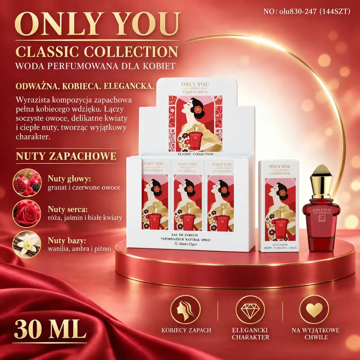 Butelka czerwonej wody perfumowanej Only You 30 ml z kartonowym opakowaniem i ekspozytorem