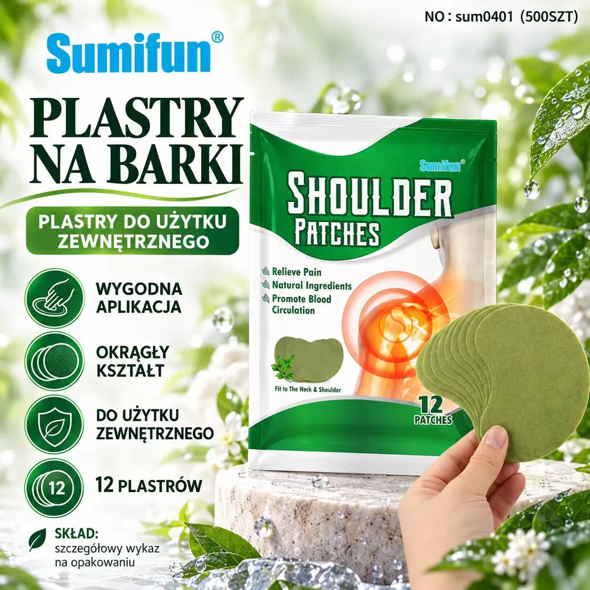 Zielone okrągłe plastry na barki Sumifun w opakowaniu 12 sztuk, ręka trzyma kilka plastrów