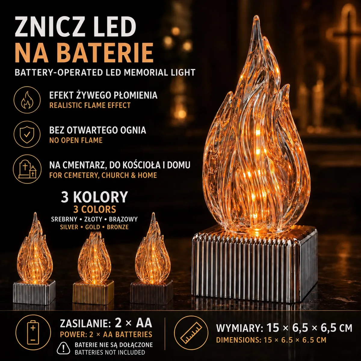 Znicz LED z przezroczystym efektem płomienia 3D na metalowej podstawie w kolorze srebrnym, złotym i brązowym