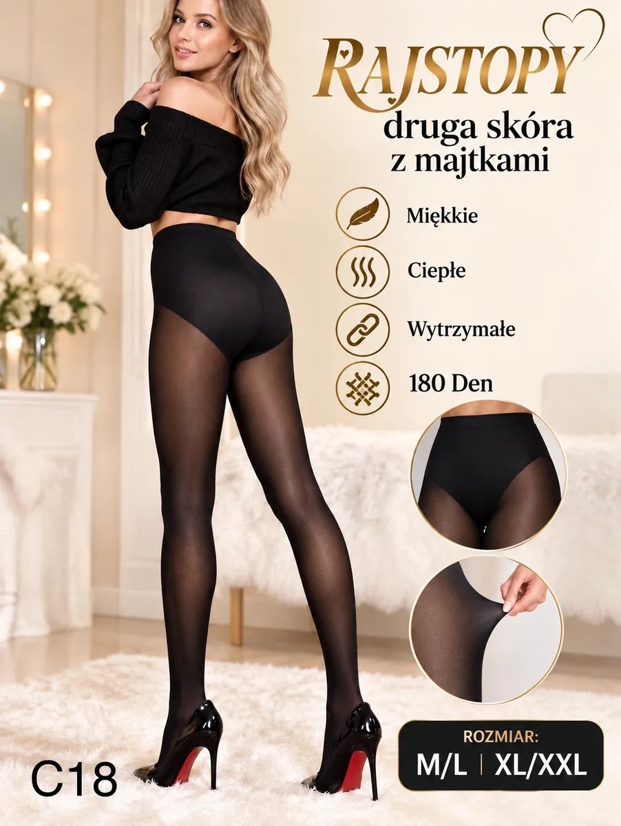 Czarne rajstopy 180 den z majtkami na modelce, pokazujące elastyczność i wytrzymałość materiału