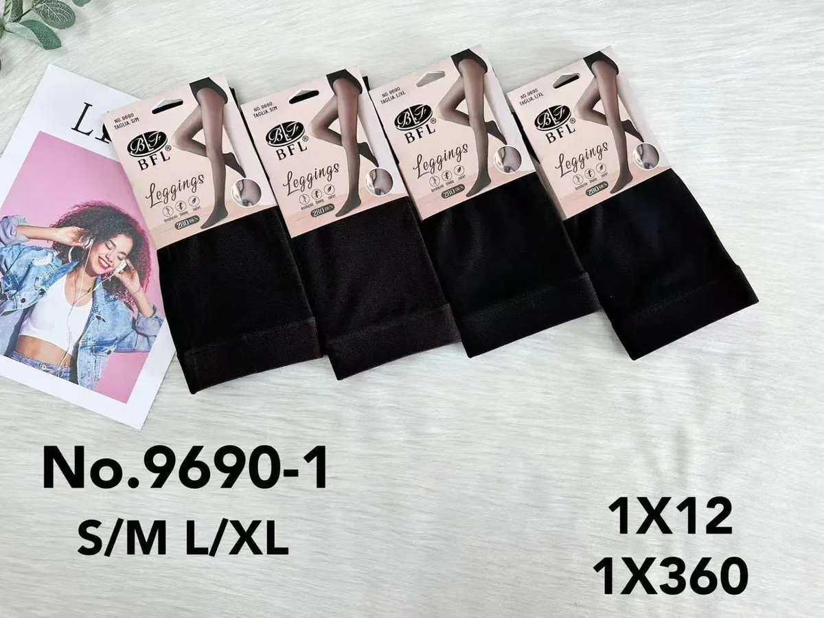 Czarne legginsy BFL 280 DEN w opakowaniach, rozmiary S/M i L/XL, ułożone na jasnym tle