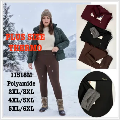 Kobieta w brązowych legginsach plus size termo, zdjęcie pokazuje różne kolory i rozmiary 2XL-6XL