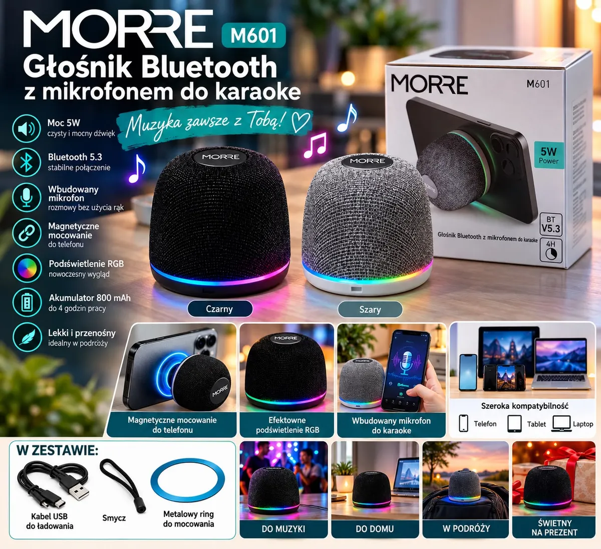Czarny i szary głośnik Bluetooth MORRE M601 z podświetleniem RGB i mikrofonem do karaoke na stole