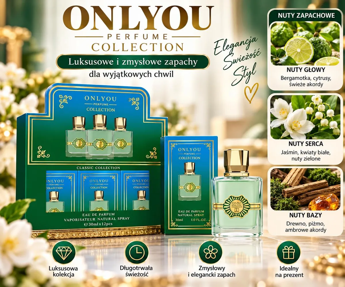 Zielono-złoty flakon perfum OnlyYou 30ml z kartonikiem i opisem nut zapachowych