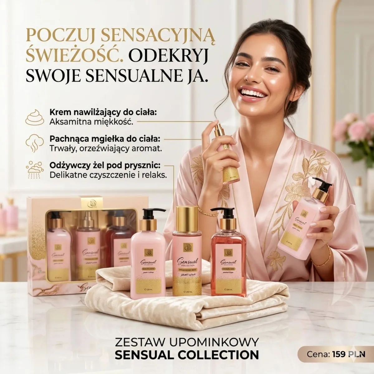 Zestaw kosmetyków Sensual Collection krem, żel i mgiełka w różowo-złotym opakowaniu z kobietą w różowym szlafroku