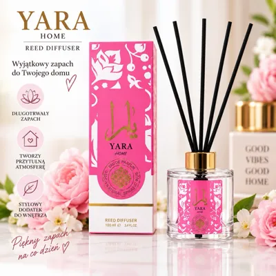 Perfumy z patyczkami YARA Home w szklanej butelce z różowym motywem i złotą zakrętką