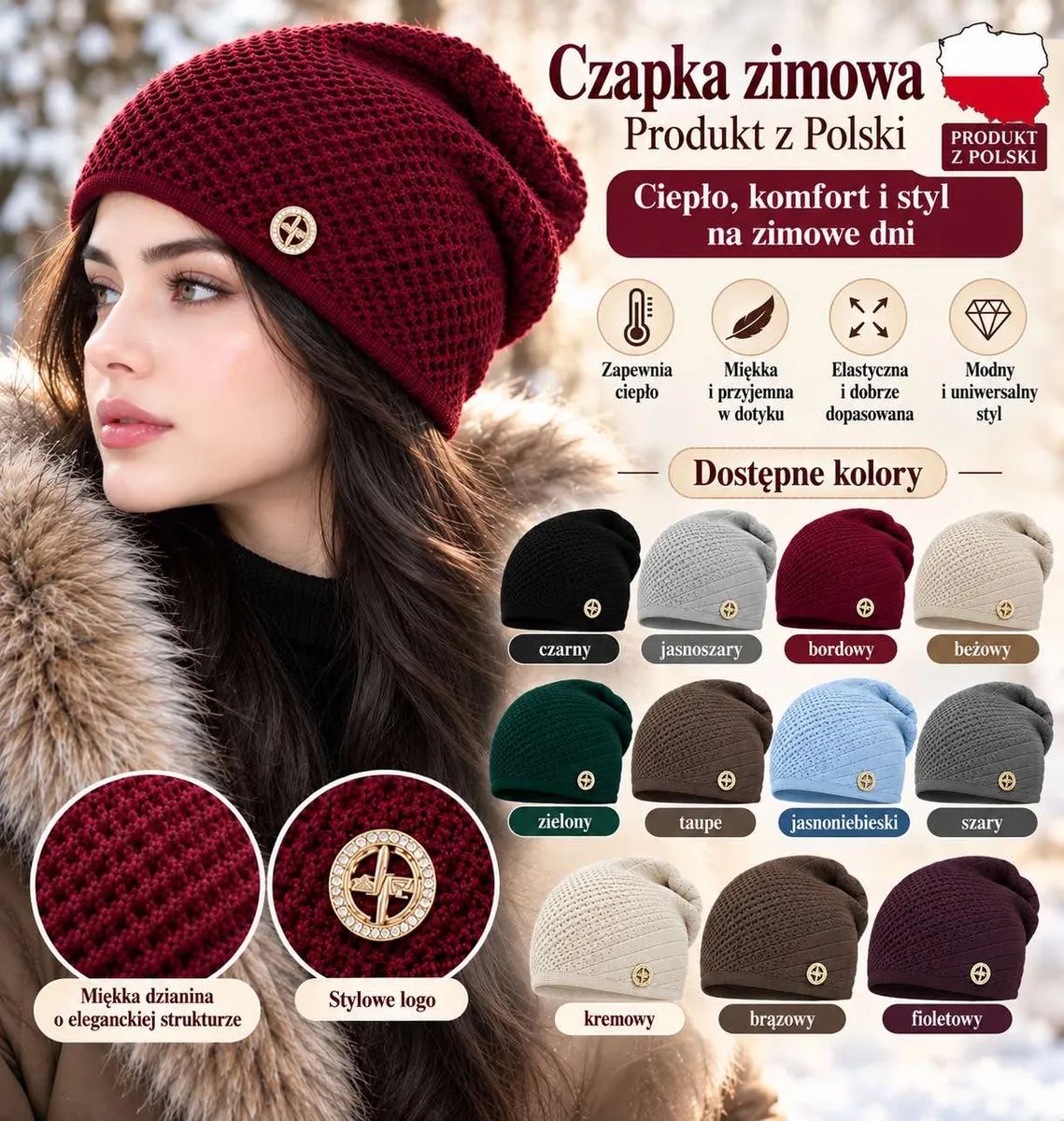 Damska bordowa czapka zimowa z miękkiej dzianiny z ozdobnym logo na tle zimowego krajobrazu