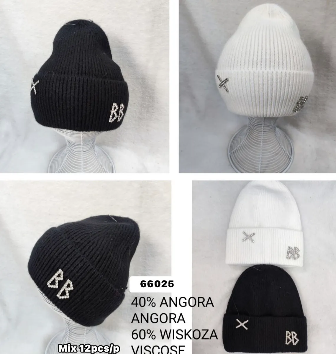 czapki zimowe damskie czarne i białe z prążkowanego materiału z ozdobami BB i X z kryształków