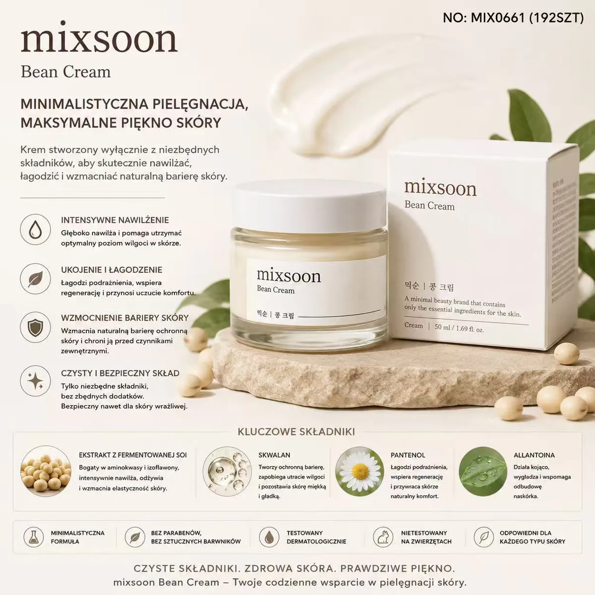 krem mixsoon Bean Cream w szklanym słoiku 50 ml z białą zakrętką i kartonowe opakowanie