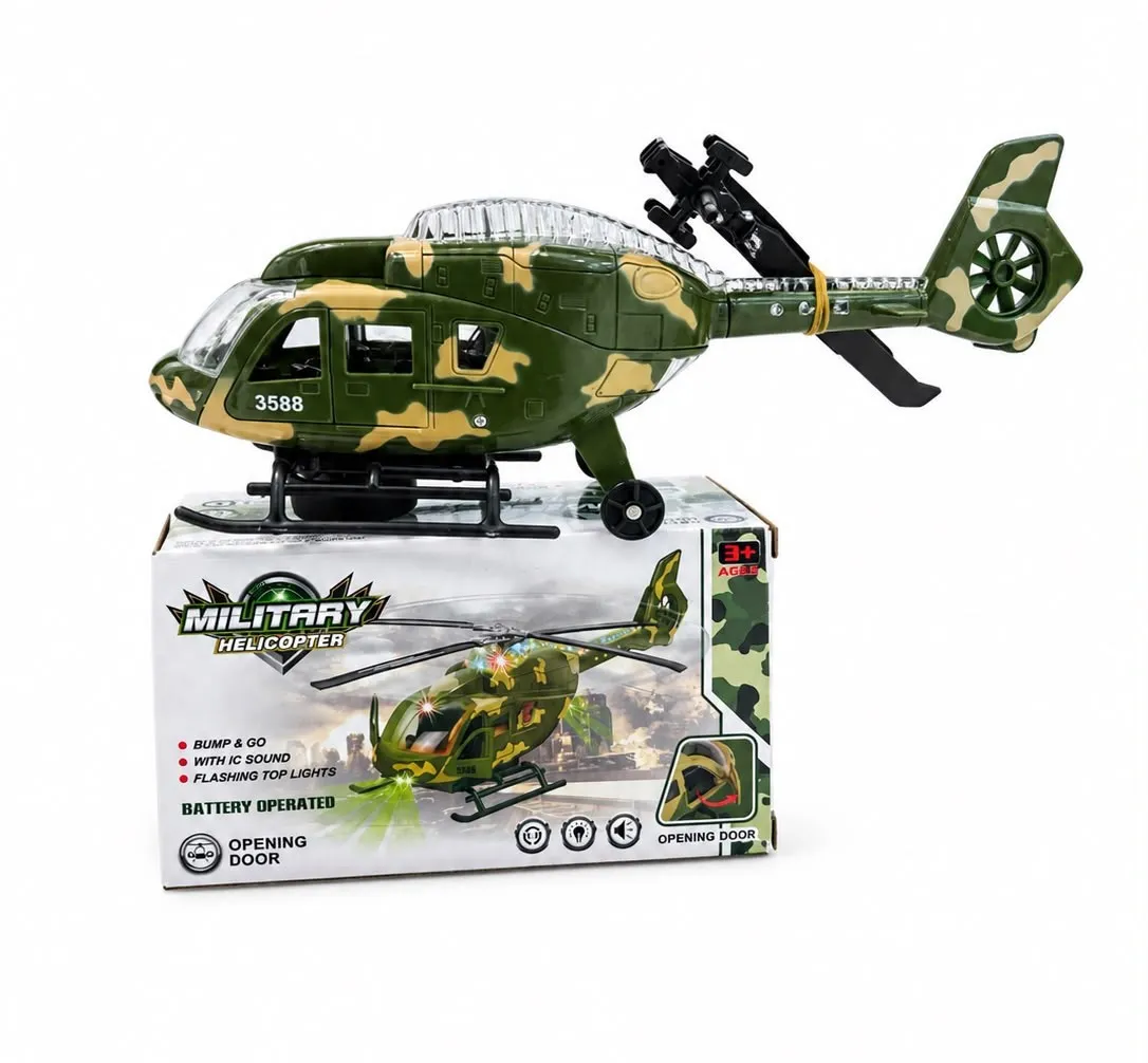 Zielono-beżowy helikopter wojskowy zabawka z otwieranymi drzwiami na opakowaniu
