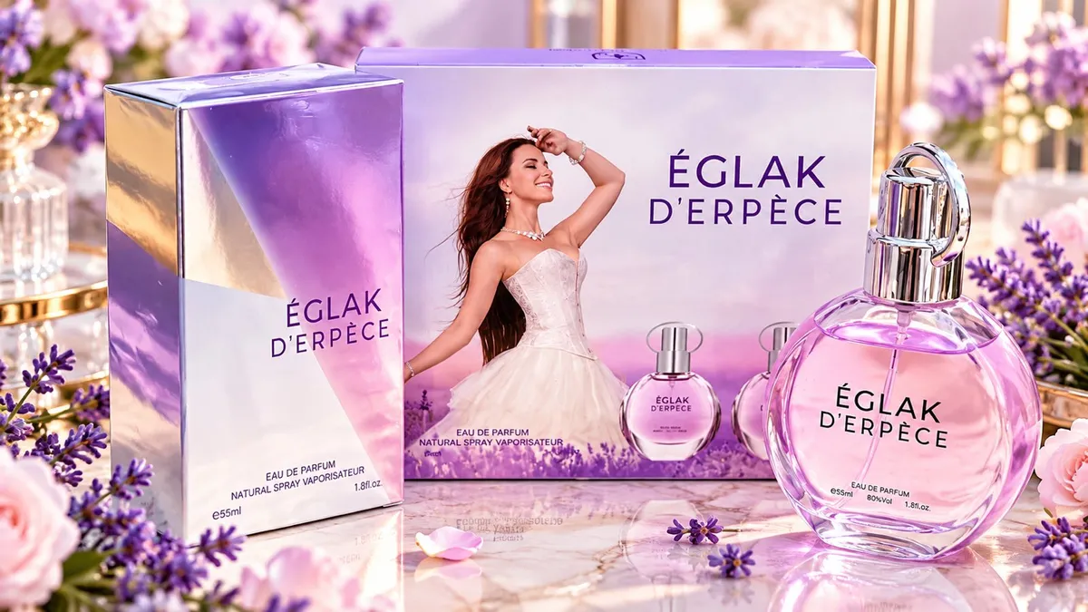 Zestaw perfum Églak D'Erpèce z fioletowym flakonem i metalicznym opakowaniem na tle kwiatów