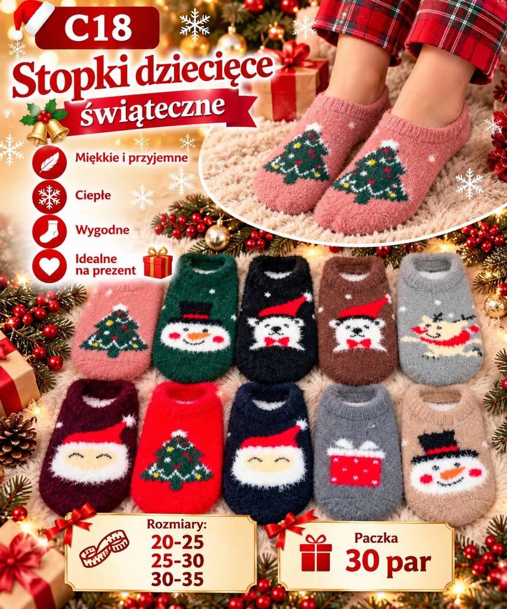 Stopki dziecięce świąteczne w różnych kolorach z motywami choinek, bałwanków i reniferów