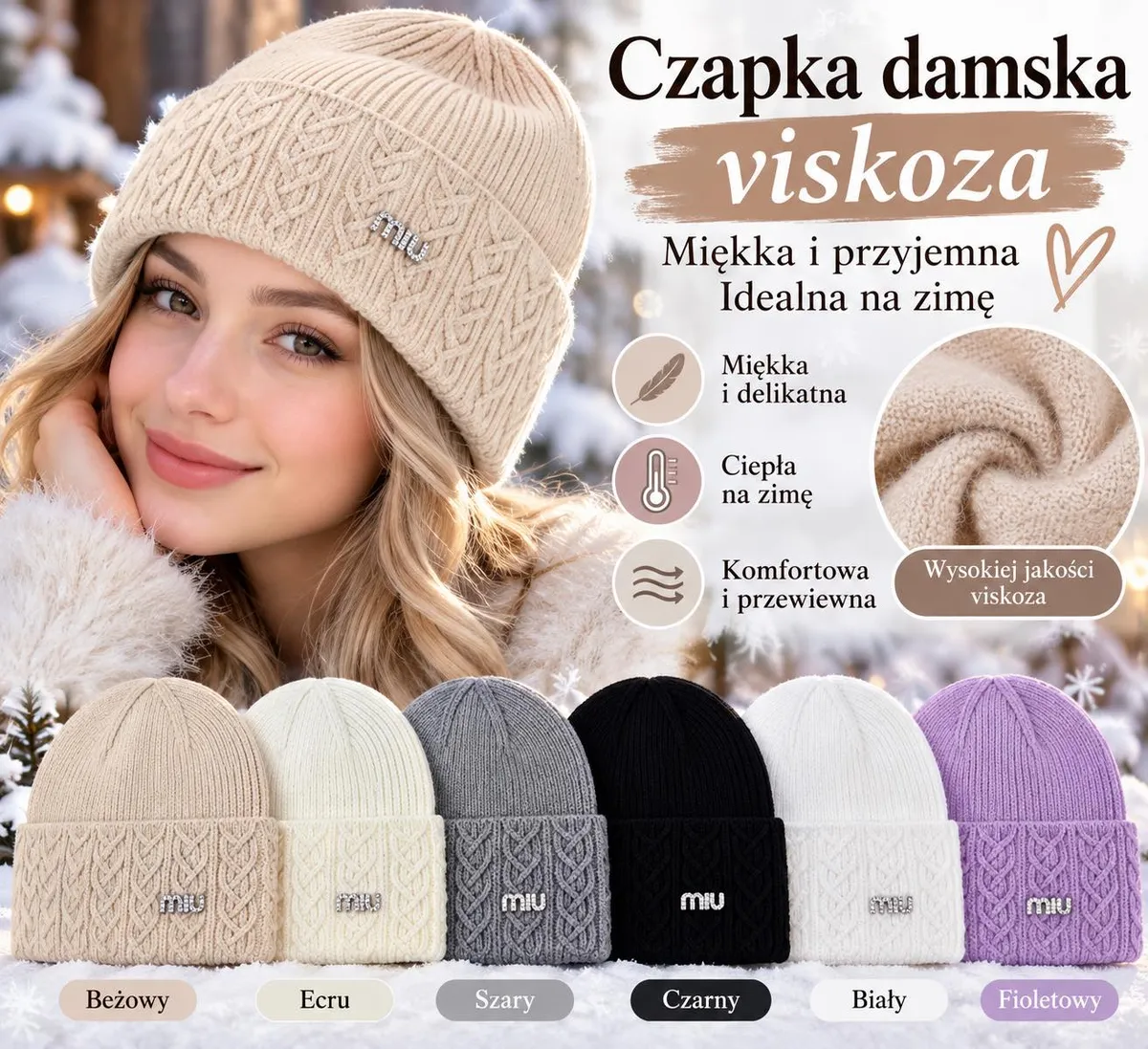 Damska czapka zimowa z wiskozy w sześciu kolorach z ozdobnym splotem i metalową aplikacją