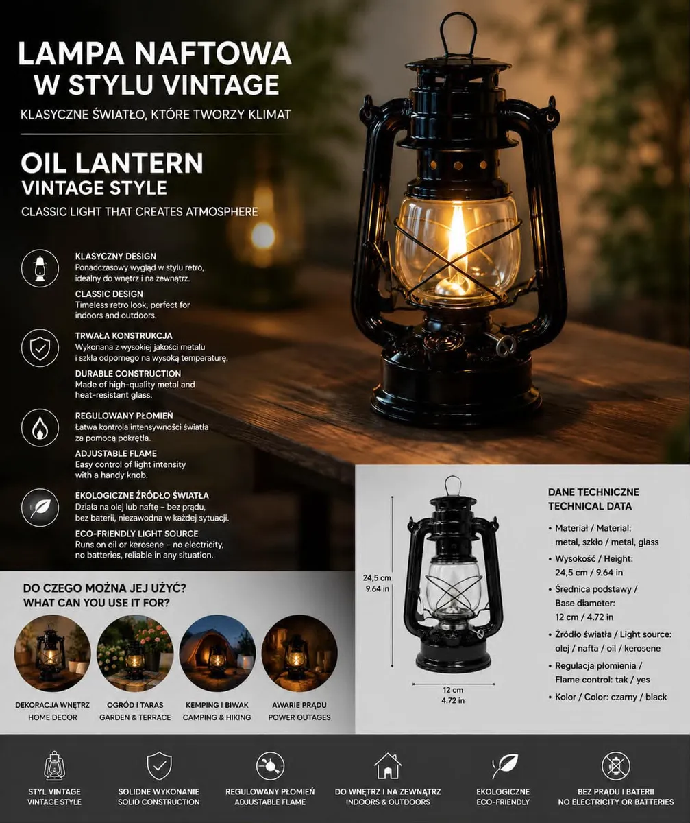 czarna lampa naftowa vintage z regulowanym płomieniem na drewnianym stole