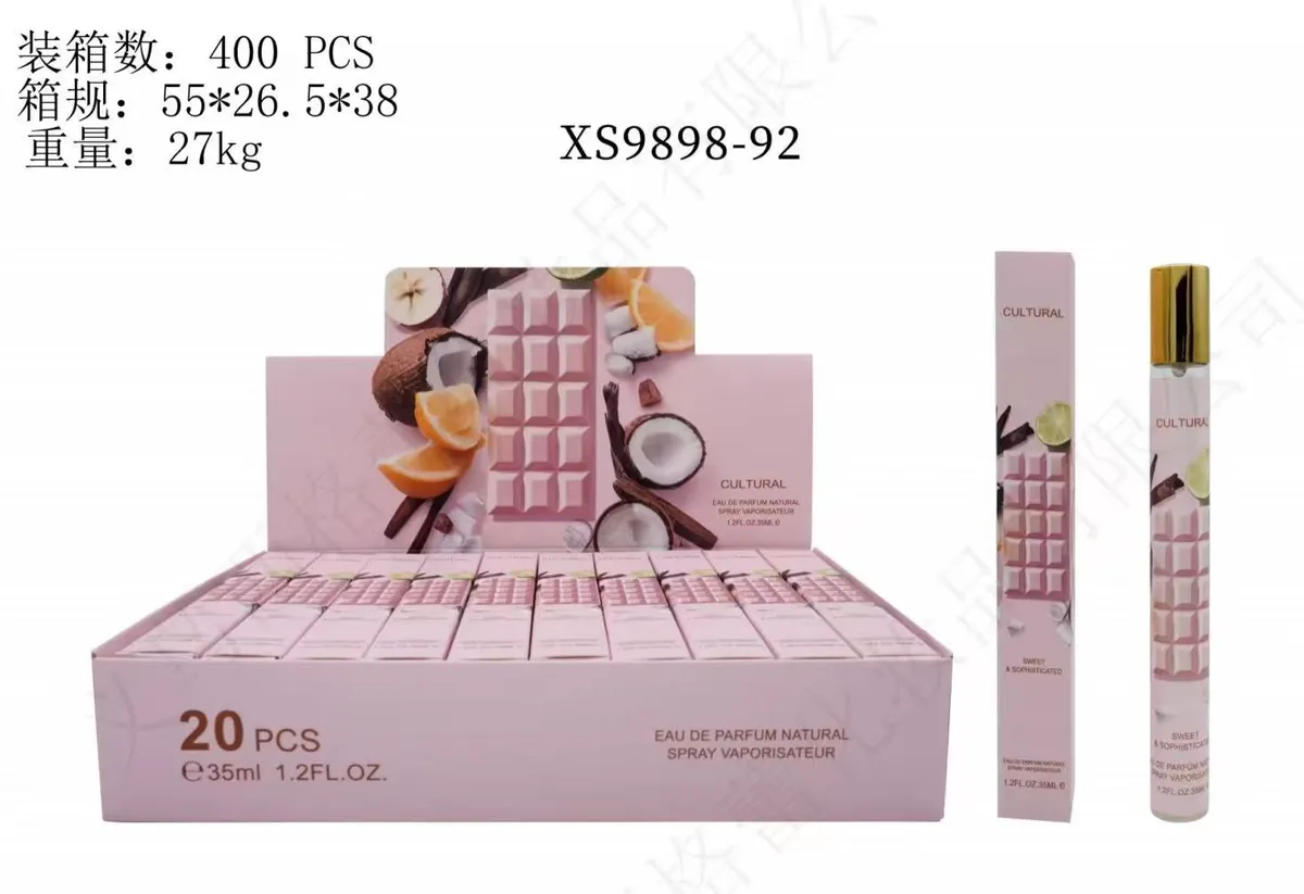 Różowe perfumetki CULTURAL 35ml w kartonowym opakowaniu z grafiką czekolady i owoców