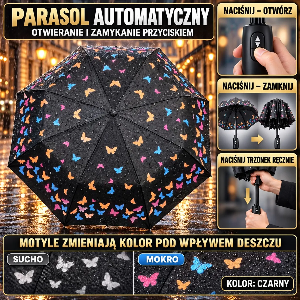 Czarny parasol z kolorowymi motylami zmieniającymi barwę pod wpływem deszczu, automatyczne otwieranie i zamykanie