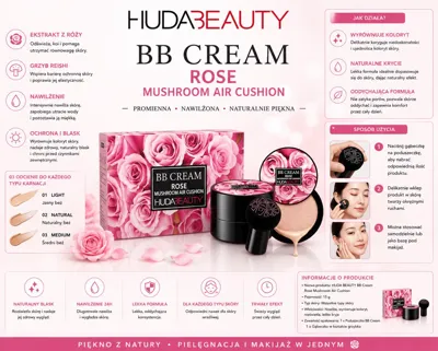 opakowanie BB Cream Rose Mushroom Air Cushion z różowym motywem i aplikatorem gąbkowym