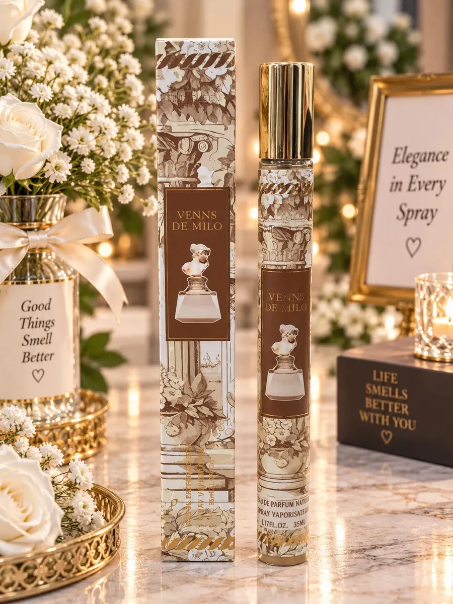 Perfumetka VENNS DE MILO 35ml w kremowo-brązowym opakowaniu z klasycznym motywem rzeźby i złotą nakrętką
