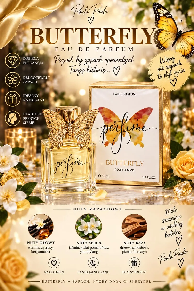 Flakon perfum Butterfly z motylem, pudełko z grafiką motyla i opis nut zapachowych
