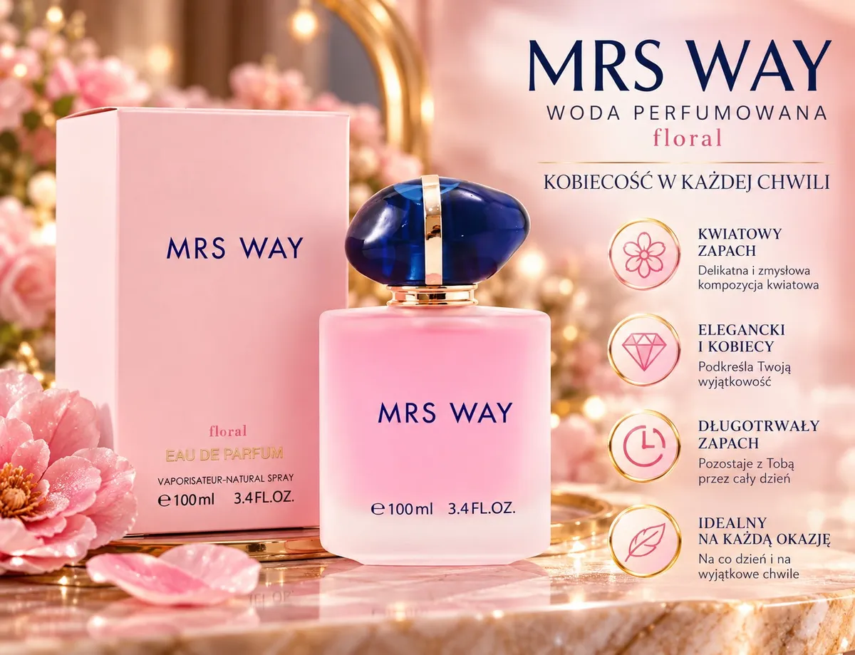 Różowy flakon wody perfumowanej Mrs Way floral 100ml z granatową nakrętką i opakowaniem