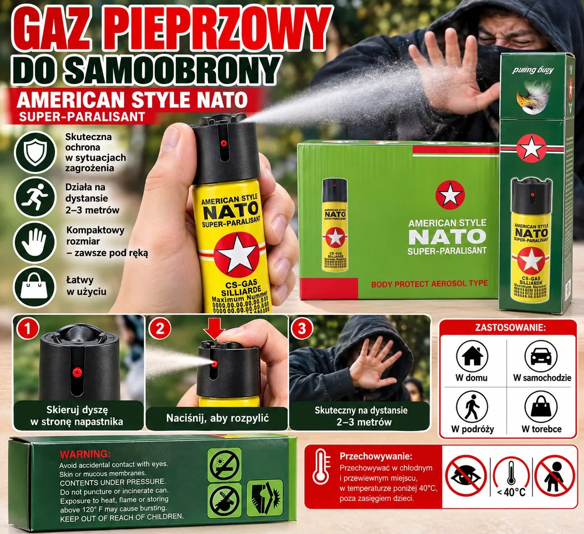 Żółto-czarny gaz pieprzowy NATO z czerwoną dyszą i zielone opakowanie z instrukcją i ostrzeżeniami