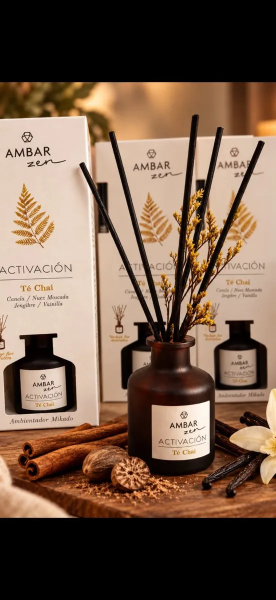 Dyfuzor zapachowy Ambar zen activación té chai w ciemnobrązowej butelce z czarnymi patyczkami i opakowaniem