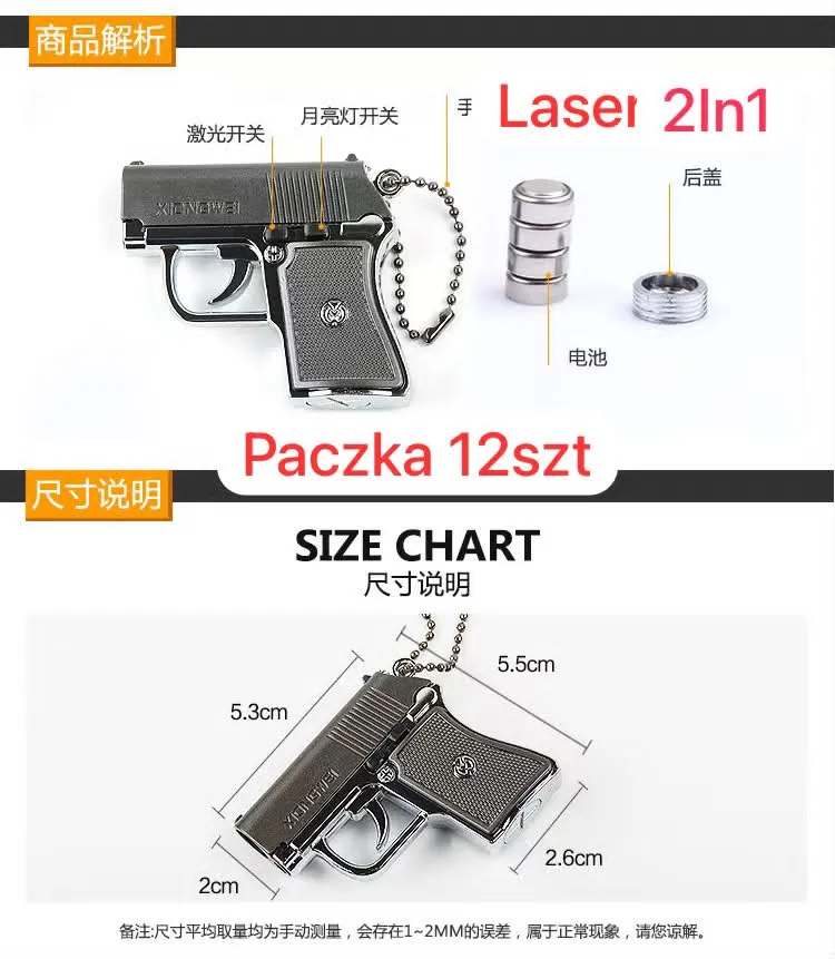 Metaliczny brelok w kształcie pistoletu z łańcuszkiem i bateriami, wymiary 5,5x5,3x2 cm