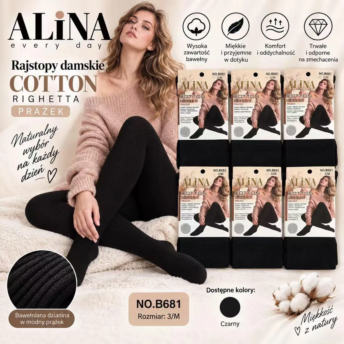 Czarne rajstopy damskie ALiNA Cotton prążkowane w rozmiarze 3/M na modelce i opakowania produktu