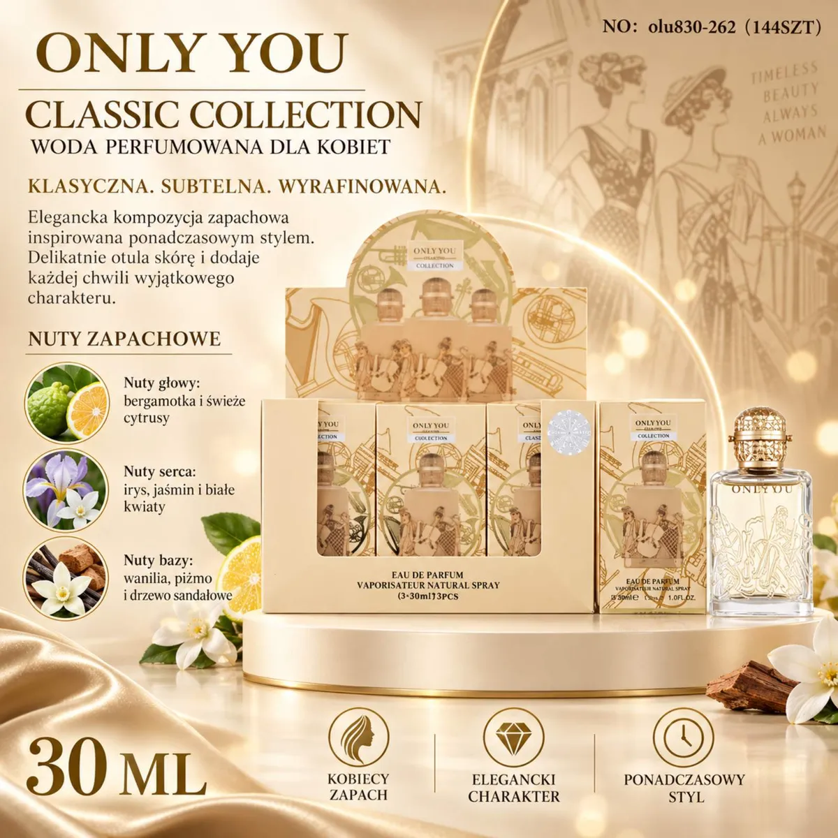 Butelka wody perfumowanej Only You Classic Collection 30 ml z eleganckim złotym zdobieniem i opakowaniem