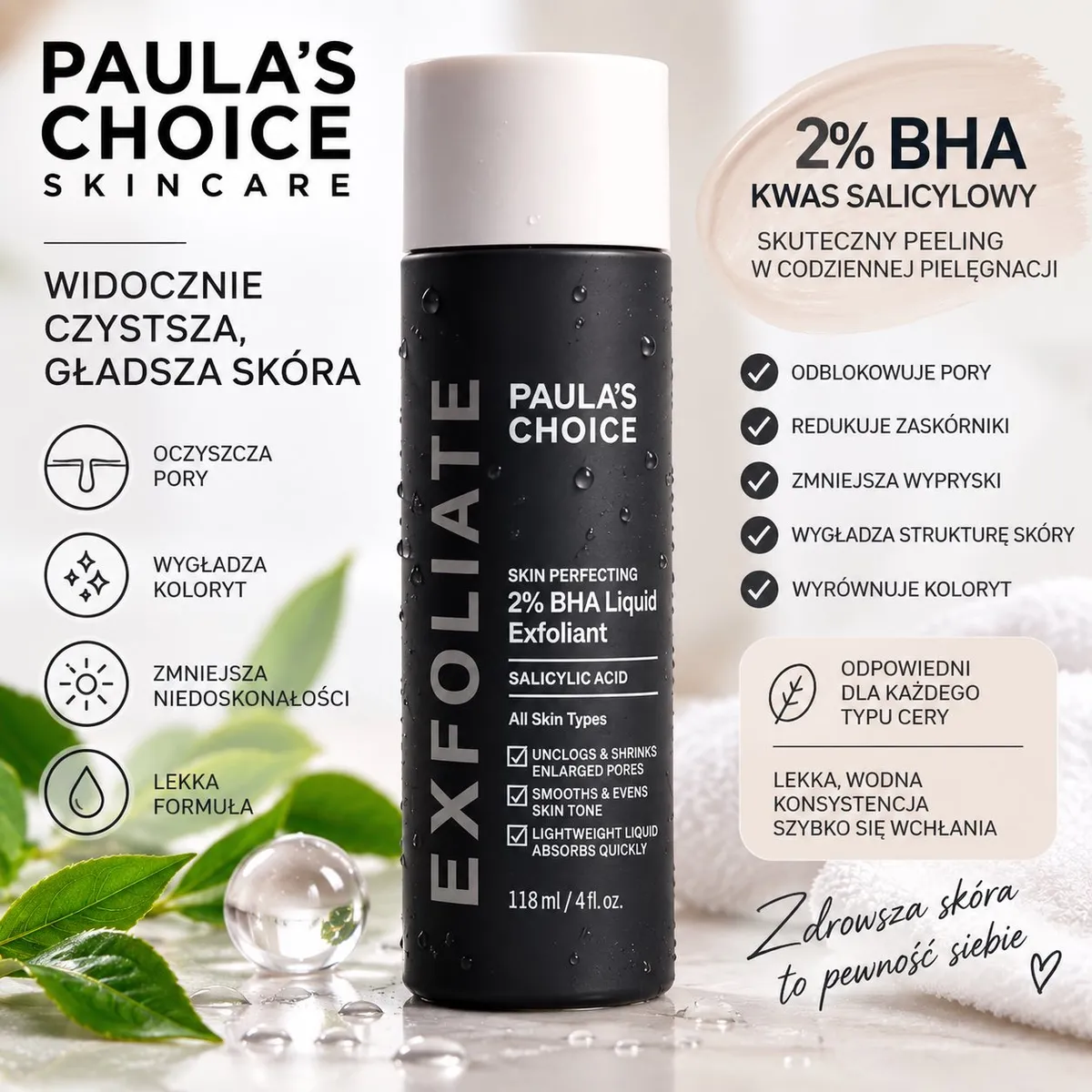 Butelka czarnego peelingu Paula’s Choice Skin Perfecting 2% BHA Liquid Exfoliant 118 ml z białą zakrętką na tle liści i ręczn