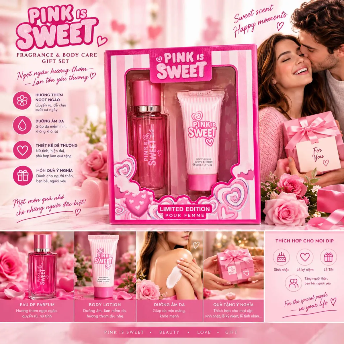 Zestaw prezentowy Pink is Sweet z różowym flakonem perfum i tubką balsamu do ciała w ozdobnym opakowaniu