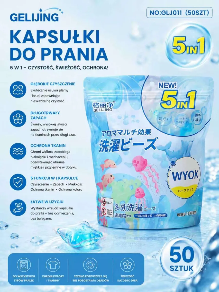 opakowanie kapsułek do prania GELIJING 5w1 z grafiką morską i 50 sztuk