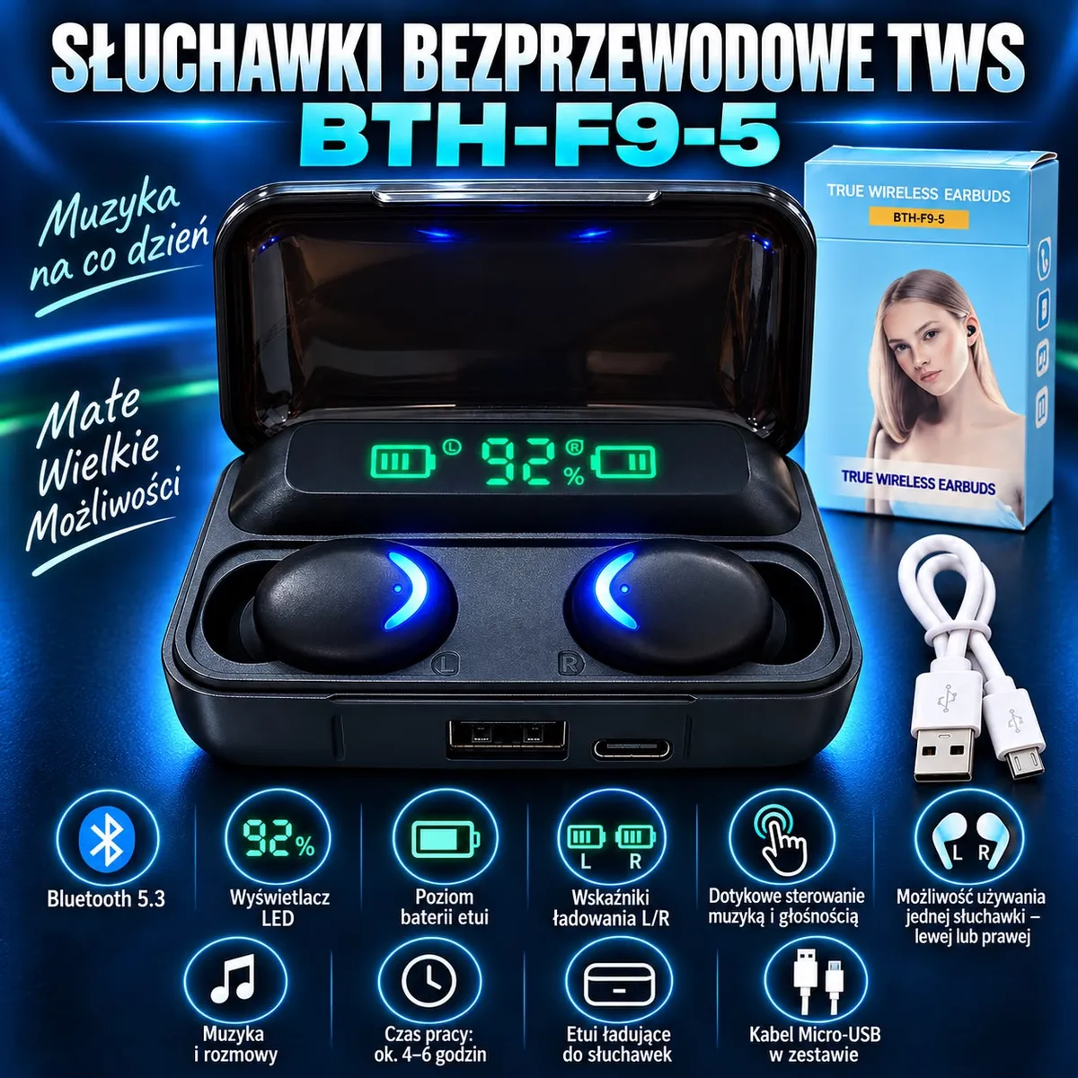 Czarne słuchawki bezprzewodowe TWS BTH-F9-5 w etui ładującym z wyświetlaczem LED i kablem Micro-USB