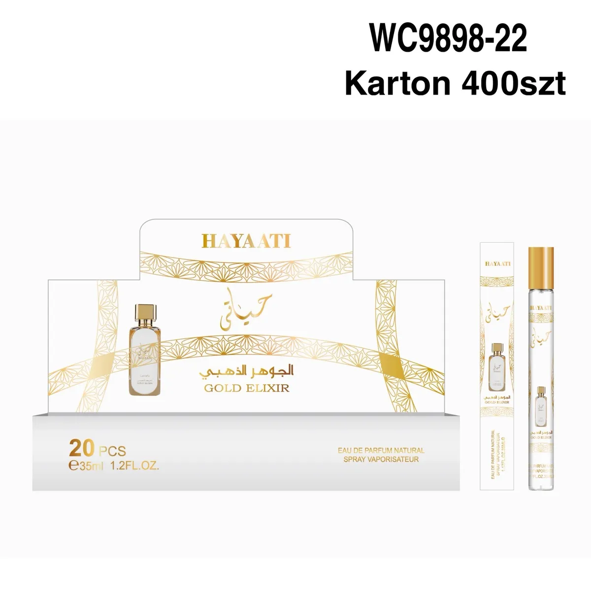 Zestaw 20 perfumetek Arabskich Gold Elixir 35ml w białym opakowaniu ze złotymi zdobieniami i butelką spray
