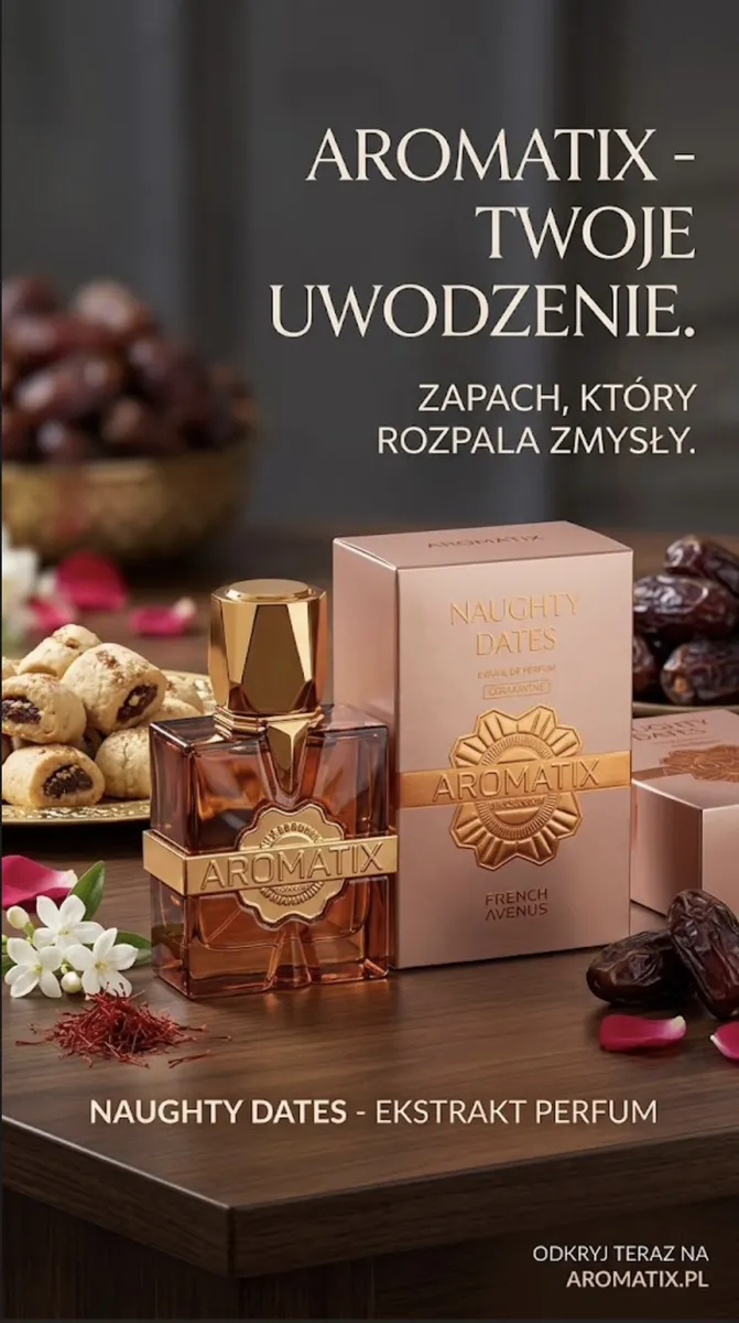 Flakon perfum Aromatix Naughty Dates 30 ml z kartonikiem w jasnoróżowym kolorze na drewnianym stole