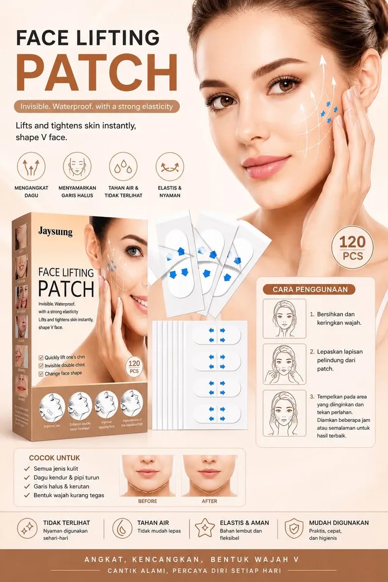 opakowanie plastrów Face Lifting Patch 120 szt z instrukcją i ilustracją użycia na twarzy