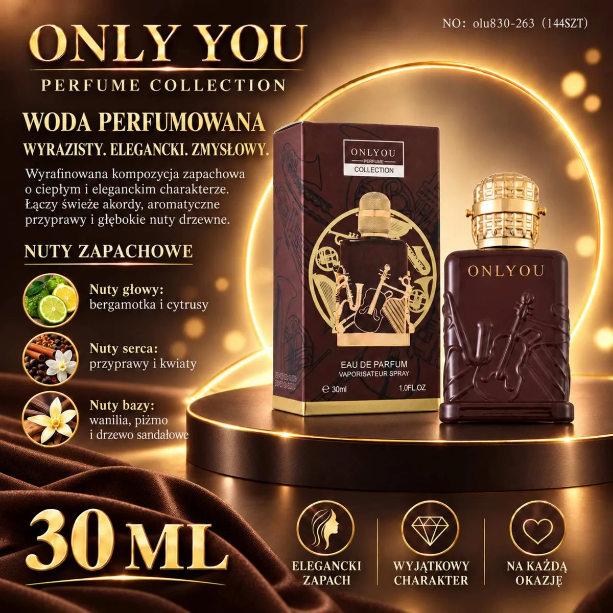 Butelka wody perfumowanej Only You 30 ml z ciemnego szkła i złotą nakrętką obok opakowania