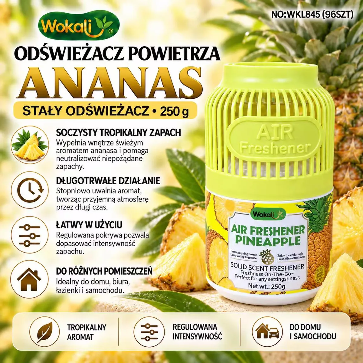zielono-żółty odświeżacz powietrza Wokali o zapachu ananasa 250g z regulowaną pokrywą