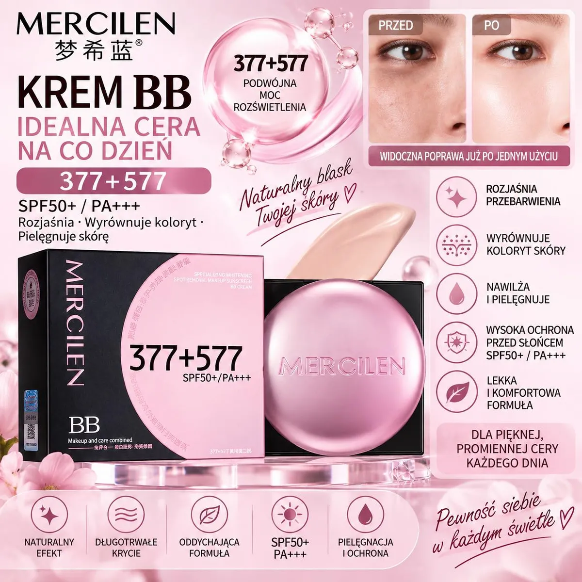 różowe opakowanie kremu BB MERCILEN 377+577 z ochroną SPF50+ i efektem rozświetlenia skóry