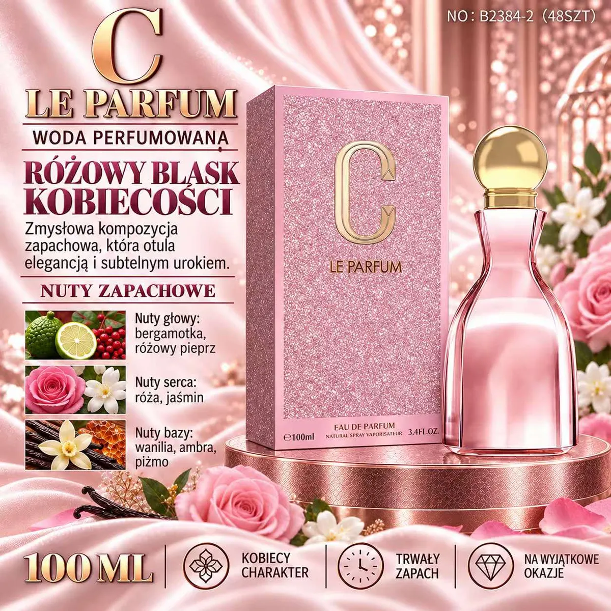 Butelka wody perfumowanej różowa z złotą zakrętką i różowe błyszczące opakowanie