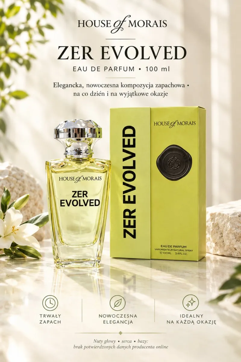 Flakon perfum House of Morais Zer Evolved 100 ml z jasnozielonym opakowaniem na marmurowym tle