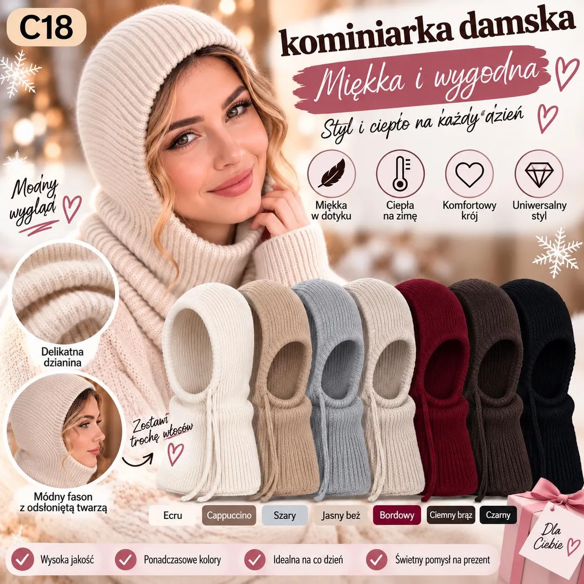 kominiarka damska w 7 kolorach ecru cappuccino szary jasny beż bordowy brąz czarny