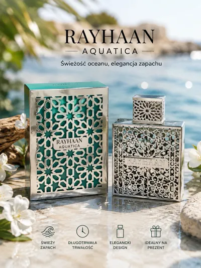 Butelka perfum Rayhaan Aquatica 100ml z ażurowym srebrnym wzorem i turkusowym opakowaniem