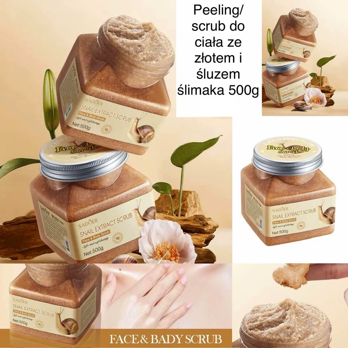Peeling do ciała i twarzy w kwadratowym słoiku 500g ze złocistą konsystencją i etykietą ze ślimakiem