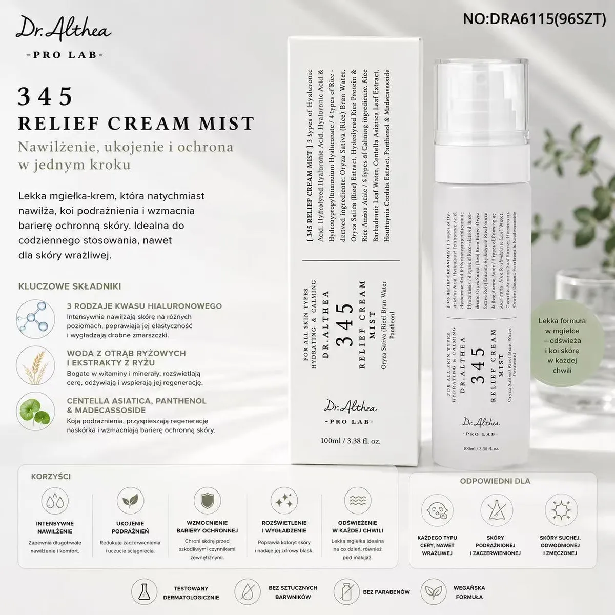 Butelka mgiełki kremowej Dr. Althea 345 Relief Cream Mist 100ml z białym opakowaniem