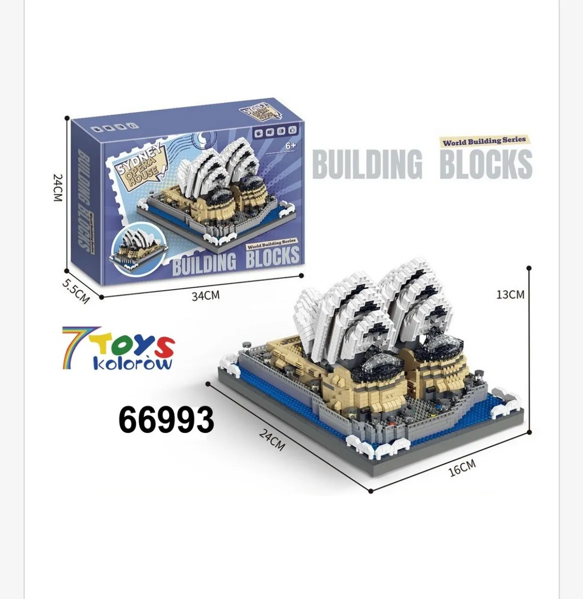Model Sydney Opera House z plastikowych klocków w opakowaniu i wymiarami 24x16x13 cm