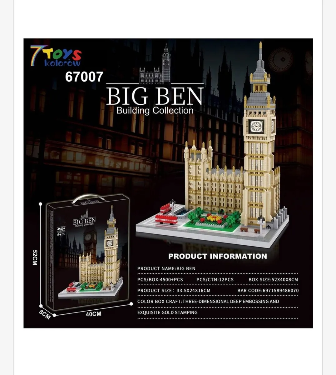 Zestaw klocków Big Ben z modelem wieży i otoczeniem, opakowanie 52x40x8 cm