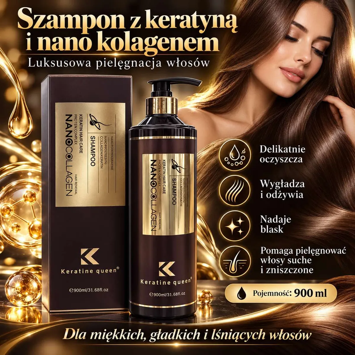 Butelka szamponu Keratine Queen 900 ml w ciemnym brązie z złotymi detalami i opakowanie, modelka z długimi lśniącymi włosami