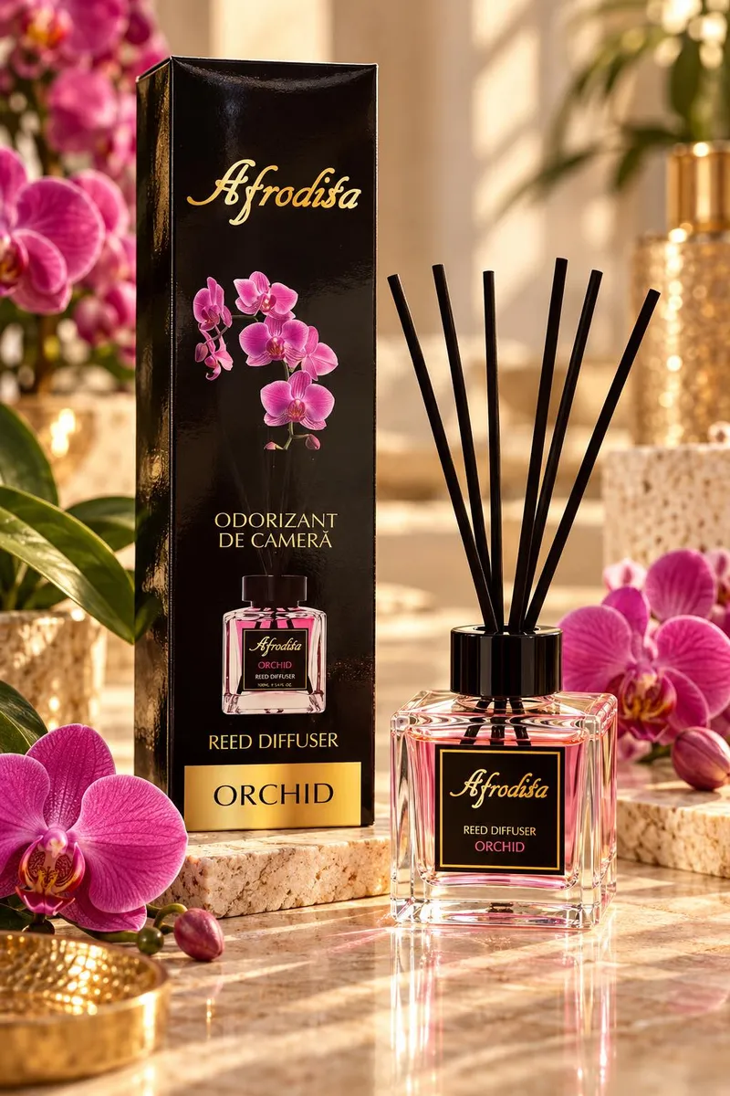 dyfuzor zapachowy Afrodisia orchid 100 ml z czarnymi patyczkami i opakowaniem z motywem orchidei